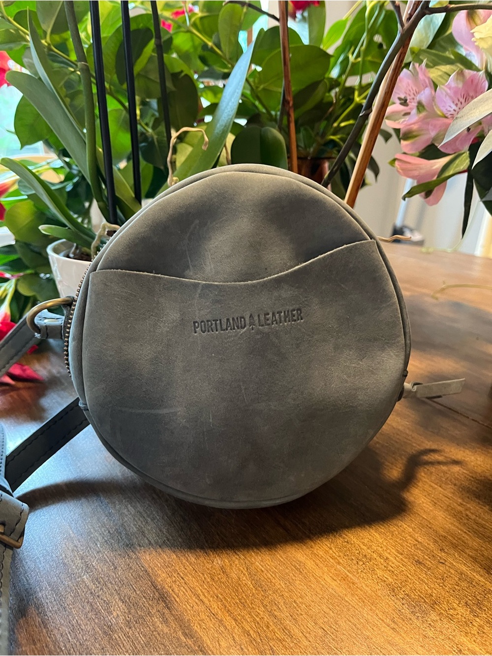 Portland Leather Slate Gray Round Crossbody Bag